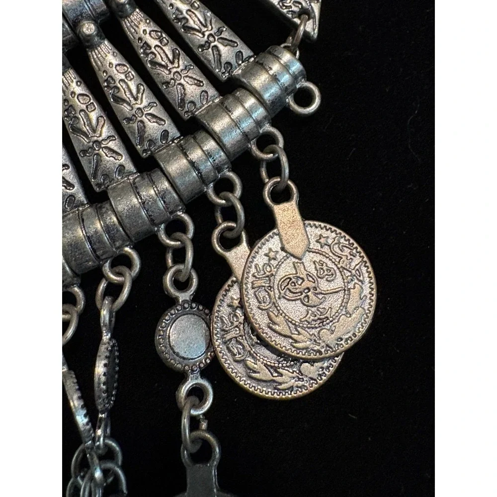 Bohemian Tribal Style Statement‎ Bib Necklace Silver Tone Arabic Coin Accents